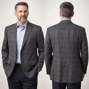 Peter Millar Wool Sport Coat Blazer Gray Plaid 44R Made In Canada